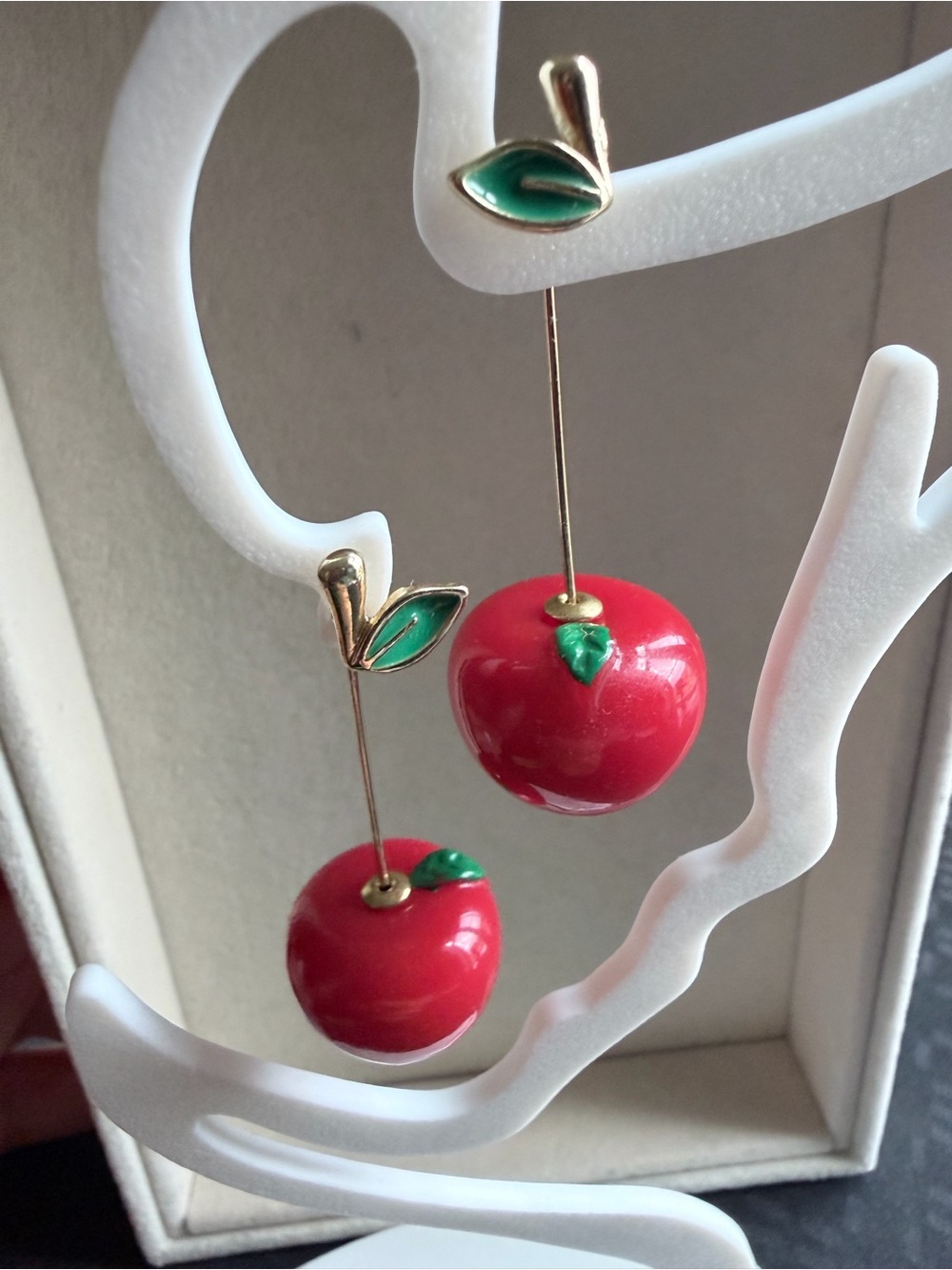 Red Cherry Drop Earrings with Green Leaf Accent - Women Jewelry